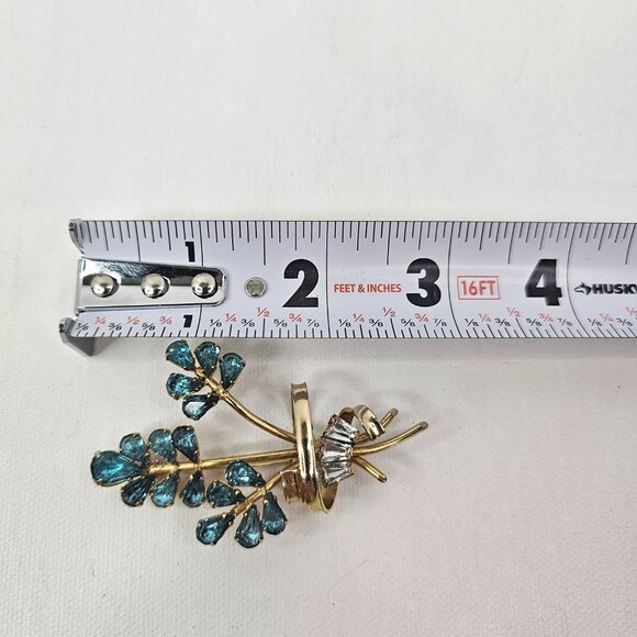 Phyllis Gold Tone Flower Brooch Blue Clear Rhinestone Open Back Bouquet Pin - Picture 8 of 8